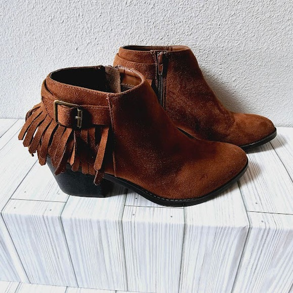 Brown Fringe Soda Booties Faux Leather- Women's 7 - Picture 1 of 5
